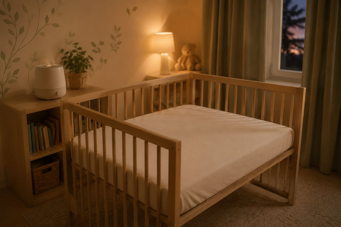 A softly lit nursery with an empty crib holding only a fitted sheet — no pillows, blankets, or toys, following AAP safe sleep guidelines