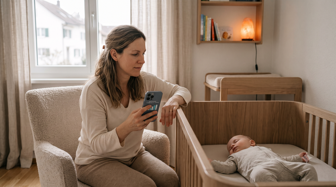 Mother checking a baby sleep tracker beside a sleeping baby in a calm nursery.