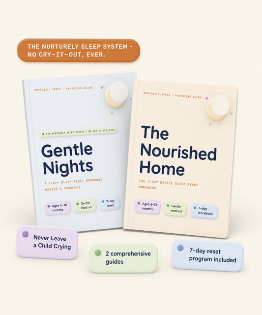 The Nurturely Sleep System box set with Gentle Nights and The Nourished Home guide covers, labeled No Cry-It-Out Ever