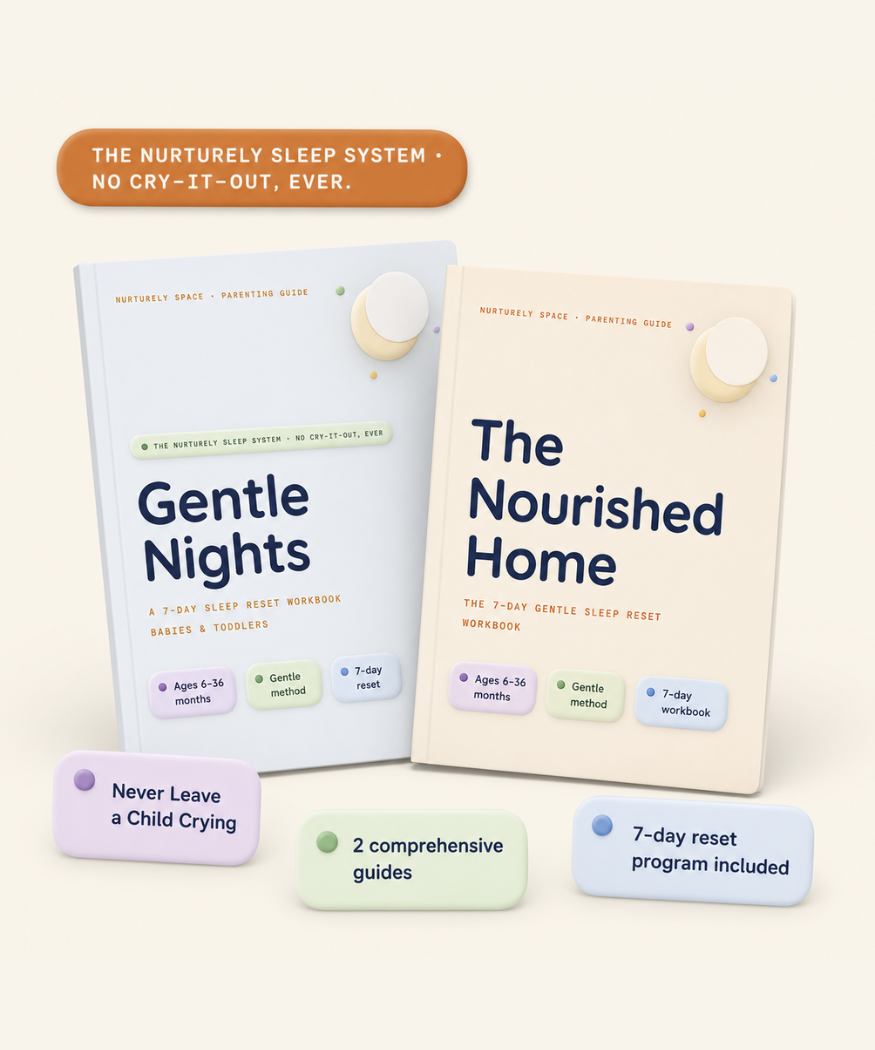 The Nurturely Sleep System box set with Gentle Nights and The Nourished Home guide covers, labeled No Cry-It-Out Ever